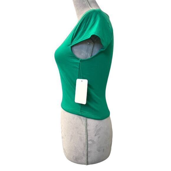 Gaze Crop Top Womens Medium Green Rayon Cap Sleeve Scoop Neck Stretch Pullover - Picture 4 of 7
